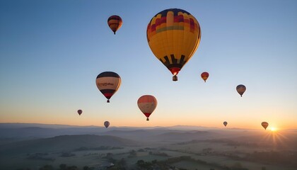 A group of hot air balloons ascending into a clear