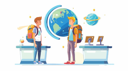 Two male cartoon pupil at excursion in astronomical m