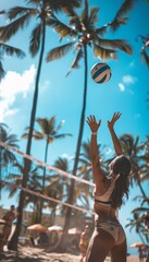 Beach Volleyball Action with Player Serving Under Palm Trees - Perfect for Sports Event Promotions and Fitness Advertisements