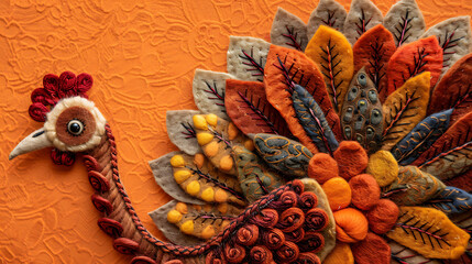 Crafted felt turkey isolated on orange background copy space