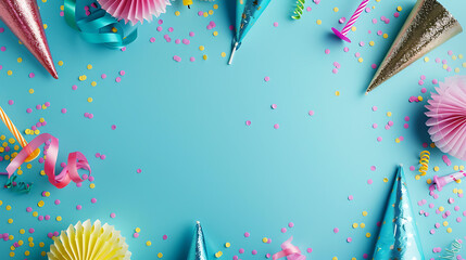 Birthday party caps blowers confetti and candles isolated blue background