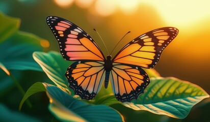Fototapeta premium Vibrant Butterfly Orange, Black, and White Wings on Leaf with Bokeh Background