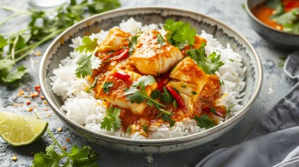 Flavorful fish curry served with jasmine rice and garnished with fresh cilantro