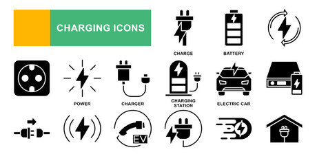 Charging icon set. Containing charge, battery, energy, electricity, charger, recharge, electric car and charging station icons. Solid icon collection. Vector illustration.
