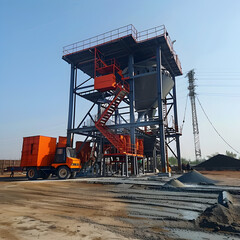 a truck is parked in front of a large structure
