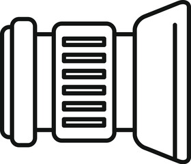 Professional camera lens icon in black and white line art, shutter illustration, vector symbol for photography, graphic design, and digital equipment, with modern, clean, and detailed elements