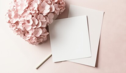 mockup of a white card beside pink hydrangea bouquet, soft pastel tones