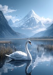 Swan Gliding in Serene Mountain Lake with Snow-Capped Peaks in the Background