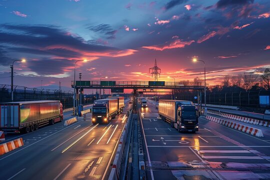 Dynamic Border Crossing Scene with Trucks Awaiting Evening Customs Clearance Under Vibrant Sky