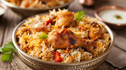 Freshly prepared biryani rice with chicken, garnished with herbs and served with raita
