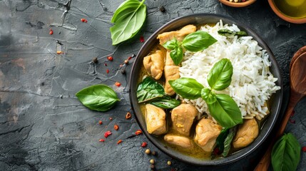 Freshly prepared green curry chicken served with jasmine rice and garnished with basil leaves