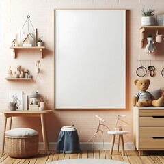 A Room with a mockup poster empty white and with a white frame and shelves realistic attractive card design has illustrative card design.
