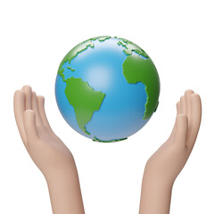 Cartoon hands lifting planet earth. 3d illustration.