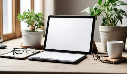 Fototapeta premium Tablet PC with white blank screen at a desk