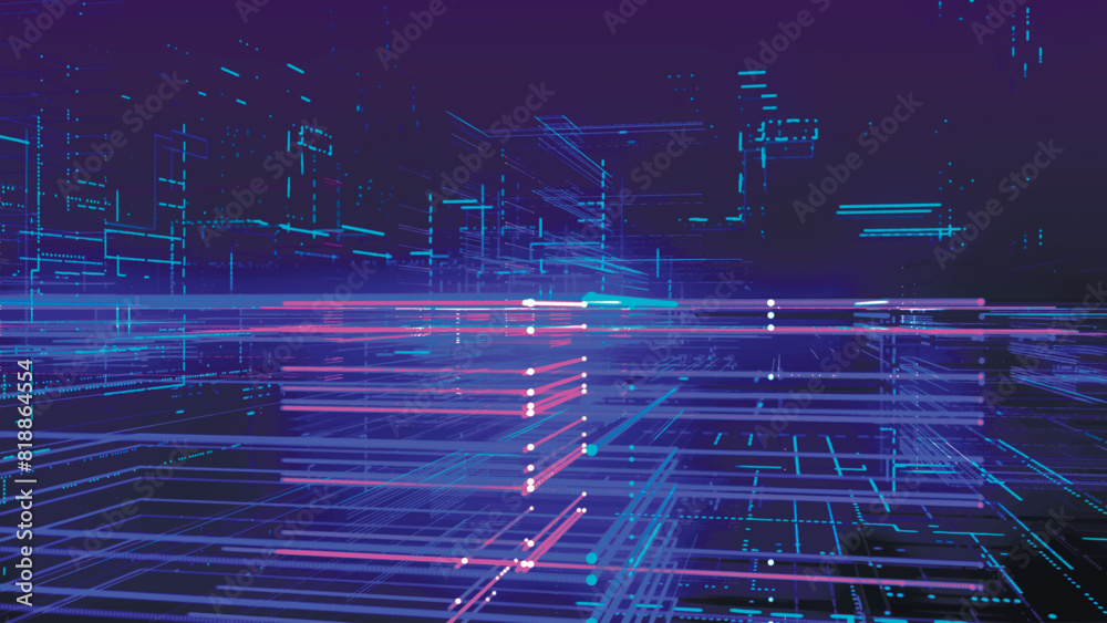 Wall mural abstract digital technology tunnel. abstract futuristic sci-fi tunnel with particles and lines mesh.