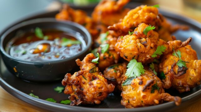 Golden, crispy pakoras served with a side of tangy tamarind chutney