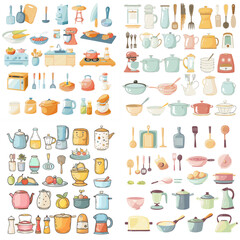 Hand-drawn kitchenware illustrations featuring cookware, utensils, teapots, jars, spoons, and appliances, perfect for home cooking, kitchen decor, and culinary inspiration.