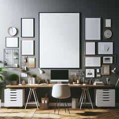 A desk with a computer and a chair and a picture frame on the wall used for printing realistic image.