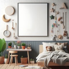 bedRoom with a mockup poster empty white and sets have mockup poster empty white have mockup poster empty white with a bed and a table and toys color has illustrative.