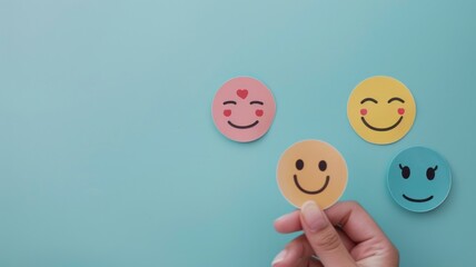 Happy smile face emoticon icons against pastel blue background. Enjoying life concept. Creative concept. 	