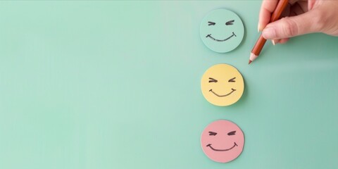 Happy smile face emoticon icons against pastel green background. Enjoying life concept. Creative concept. 