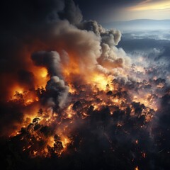 Fototapeta premium Fire in the forest top view illustration generation AI. Catastrophic forest fire. The forest is burning, trees are burning, storm, smoke over the forest.