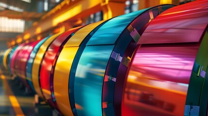 a row of brightly colored rolls of metal. color bond coil