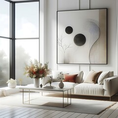 A living Room with a mockup poster empty white and with a couch and a coffee table art card design art meaning card design.