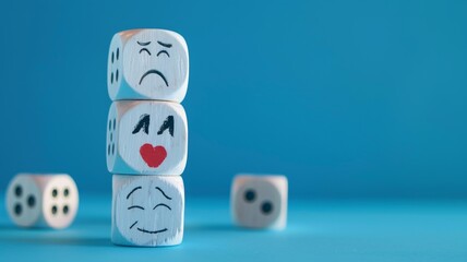 A stack of white wooden dice with different happy and sad face emoji symbols isolated against blue background with copy space.