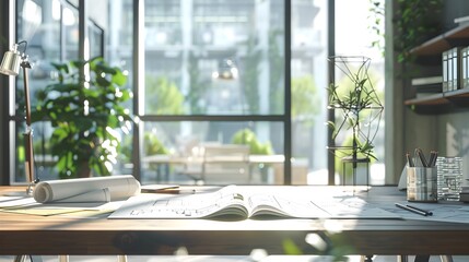 Fototapeta premium Peaceful and Productive Workstation with Natural Lighting and Greenery
