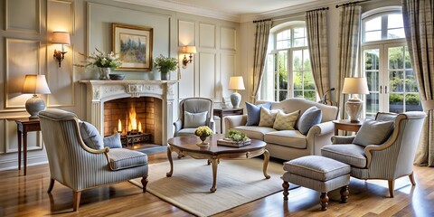 Fototapeta premium Armchairs and a sofa near the fireplace in calm light grey colours. French country interior design of a modern living room. The concept of a cosy, modern and respectable home.