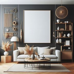 A living Room with a mockup poster empty white and with a couch and a coffee table art card design meaning lively art.