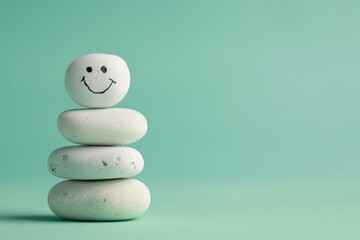 Symbolic smiling face placed on a natural pebble stone. Emotional smile and enjoying life concept. 