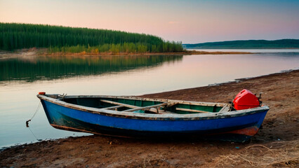 A fishing schooner on the shore of a picturesque bay.