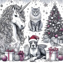 Many animals next to a christmas tree image meaning attractive lively.