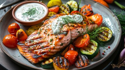 Grilled salmon steak with dill sauce and a side of roasted vegetables