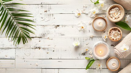 Beautiful spa composition on white wooden background -