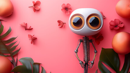 Cute robot character with big eyes, summer fruit and flowers,  minimal concept
