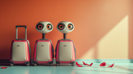 Two cute robot characters with big eyes and  with suitcases, travel minimal concept
