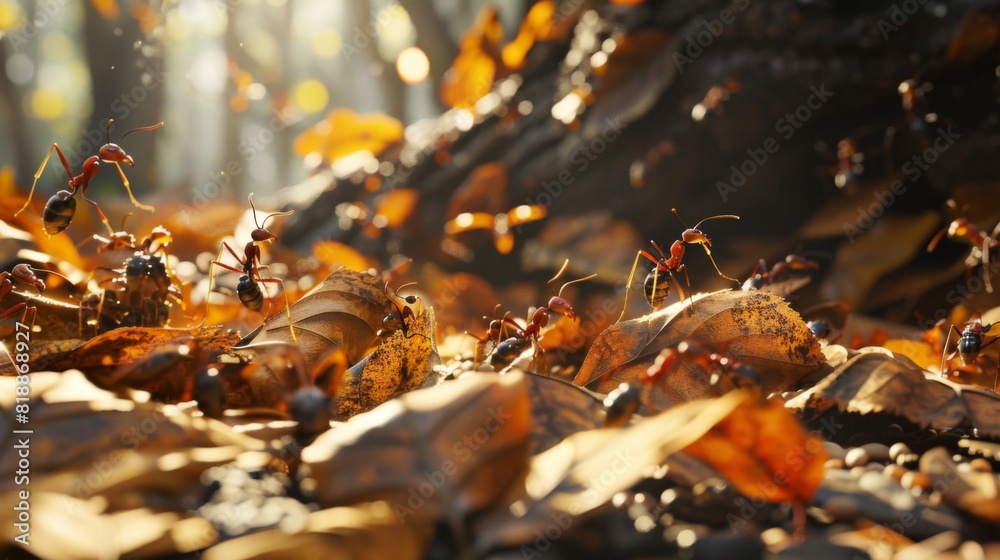 Poster Group of ants navigating through a forest floor littered with leaves