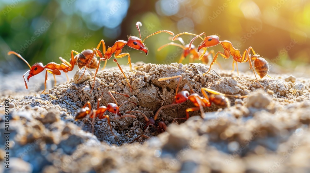Poster Group of ants working together to build an anthill in the soil