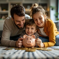 Parents Teaching Children About Saving Money with Piggy Bank at Home
