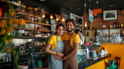 Fototapeta na wymiar young indian couple standing in luxurious restourant kitchen