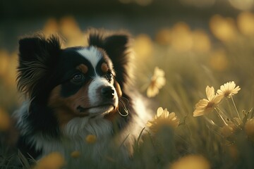 Um filhote de cachorro alegre brinca com uma borboleta em um campo florido e ensolarado.