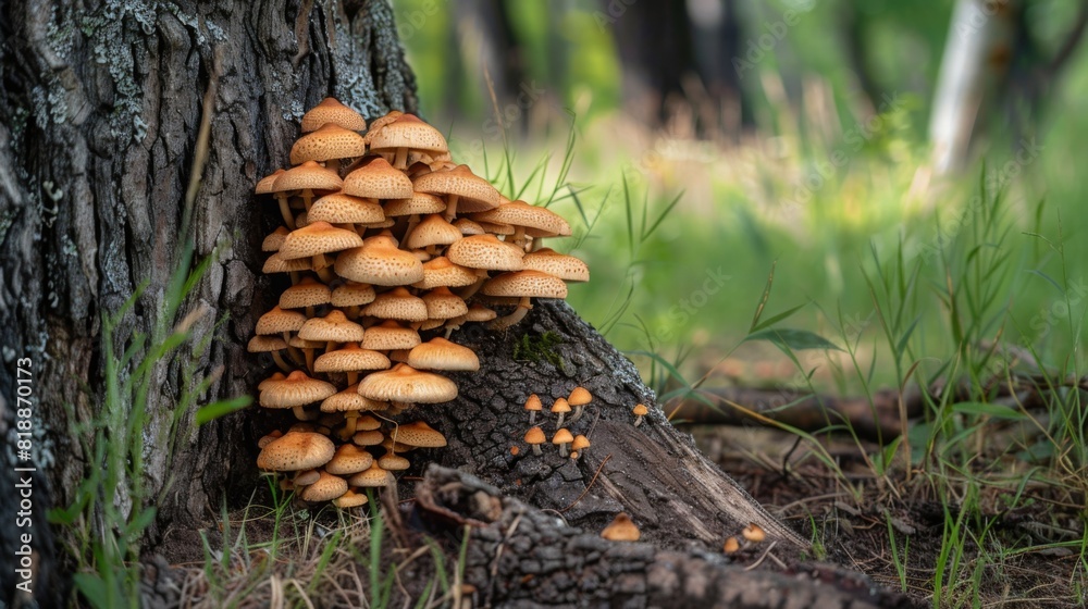 Poster Group of mushrooms flourishing at the base of a tree trunk in a serene forest setting