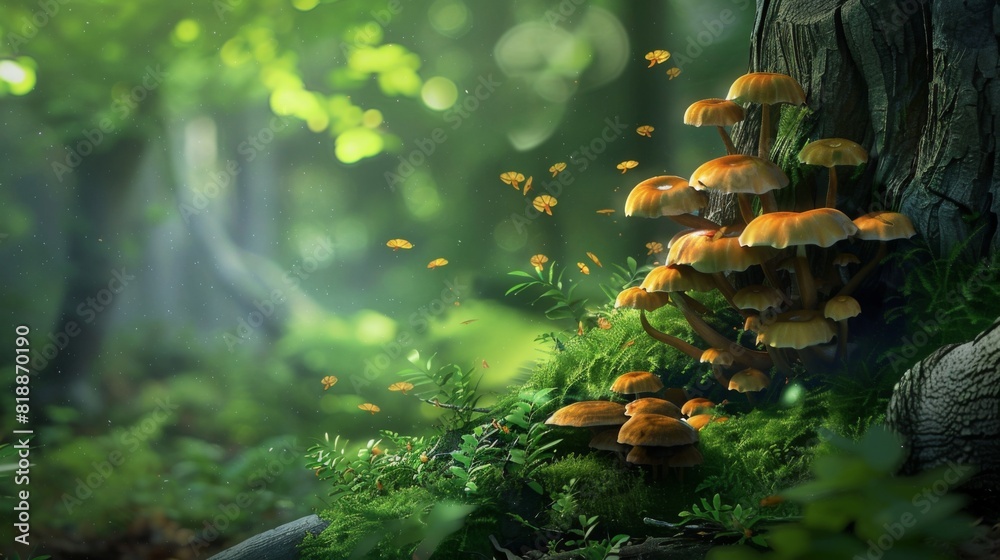 Poster Group of mushrooms flourishing at the base of a tree trunk in a serene forest setting