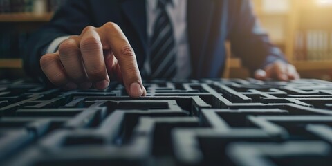 Businessman Solving a Complex Maze with Finger Touch as a Conceptual Representation