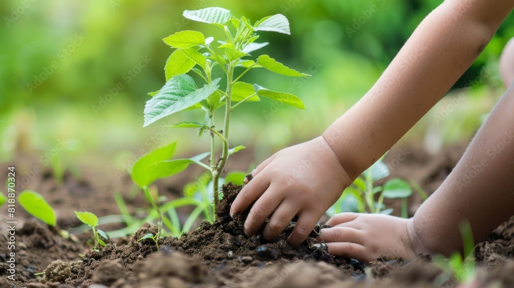 Poster hands of a child planting a tree as part of an educational initiative on climate change