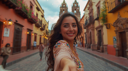 young indian woman taking selfie at tourist place