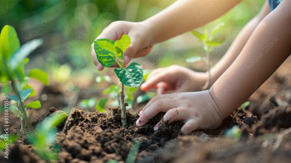 Poster hands of a child planting a tree as part of an educational initiative on climate change
